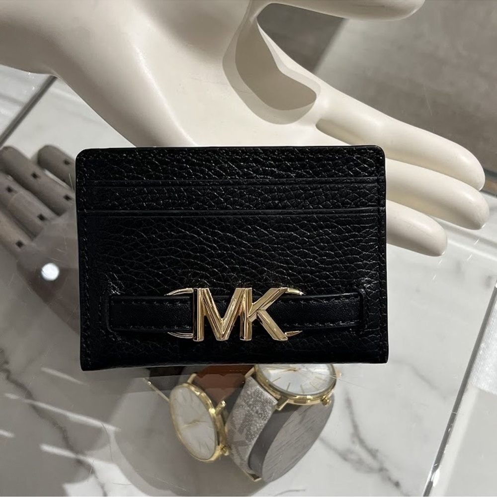 Michael Kors Card Holder Black Leather MK Logo NWT Slim Wallet